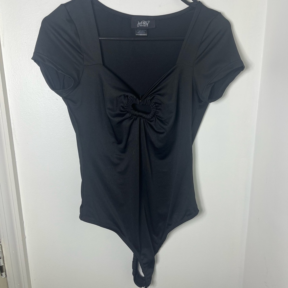Just Polly NY Black Ruched Keyhole Bodysuit Short Sleeve Y2K Size L